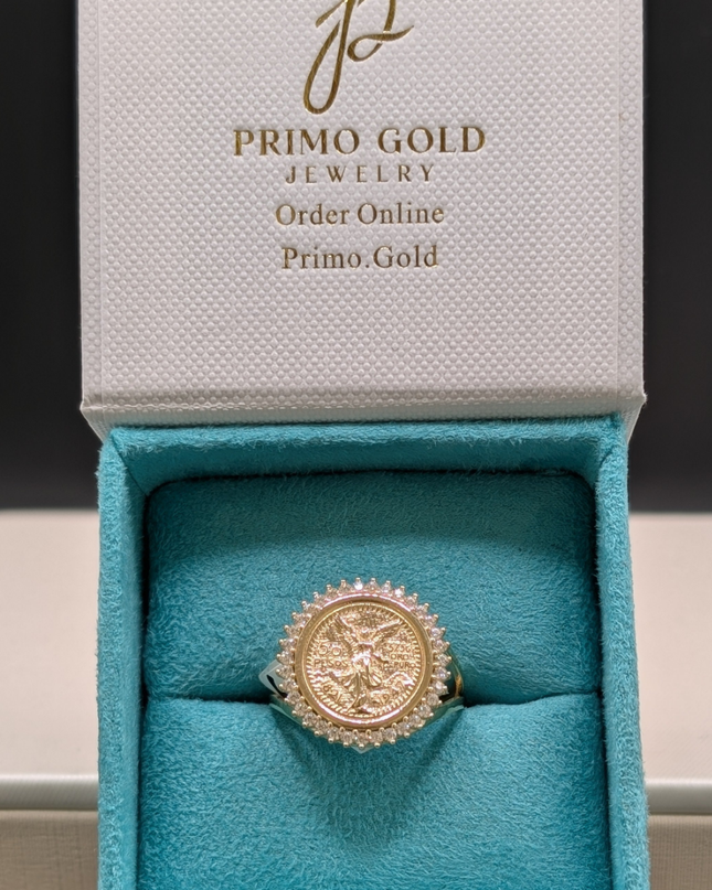14K Gold Centenario Peso Ring With CZ Diamonds
