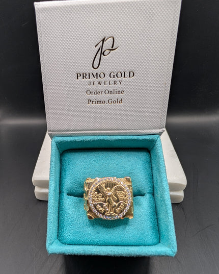 14K Gold Centenario Peso Nugget Ring With CZ Diamonds