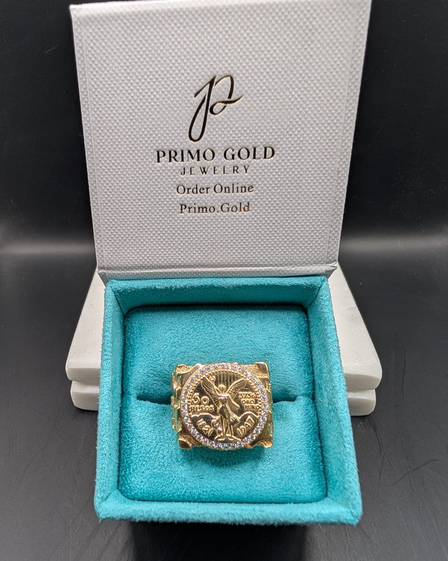 14K Gold Centenario Peso Nugget Ring With CZ Diamonds