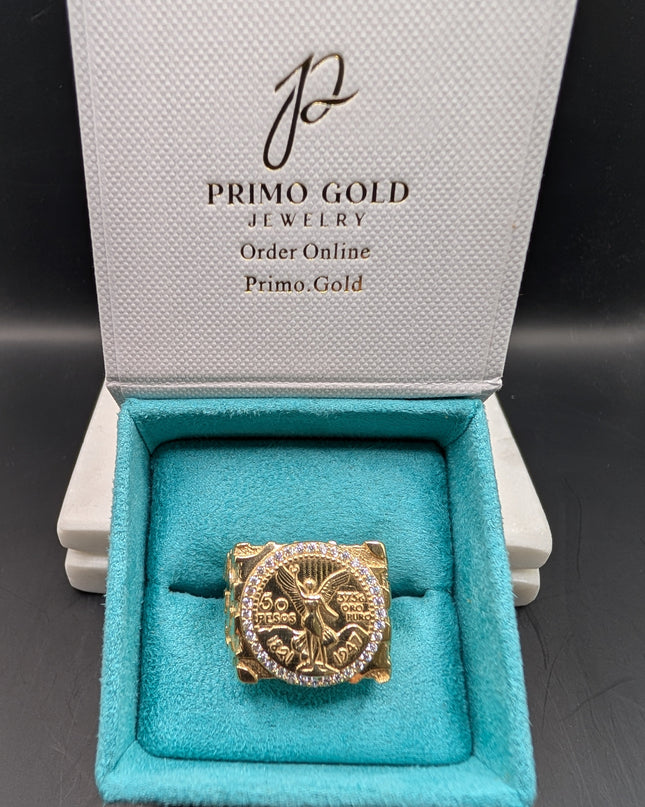 14K Gold Centenario Peso Nugget Ring With CZ Diamonds