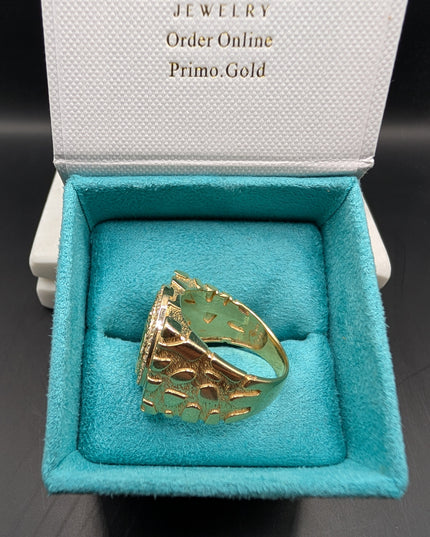 14K Gold Centenario Peso Nugget Ring With CZ Diamonds