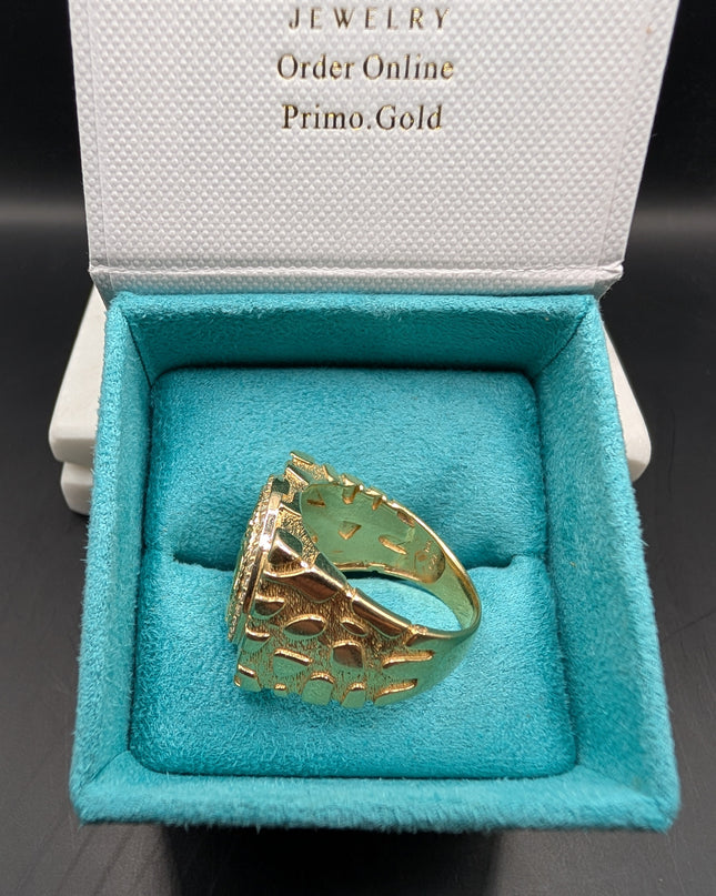 14K Gold Centenario Peso Nugget Ring With CZ Diamonds
