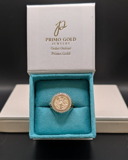 14K Gold Centenario Peso Ring With CZ Diamonds