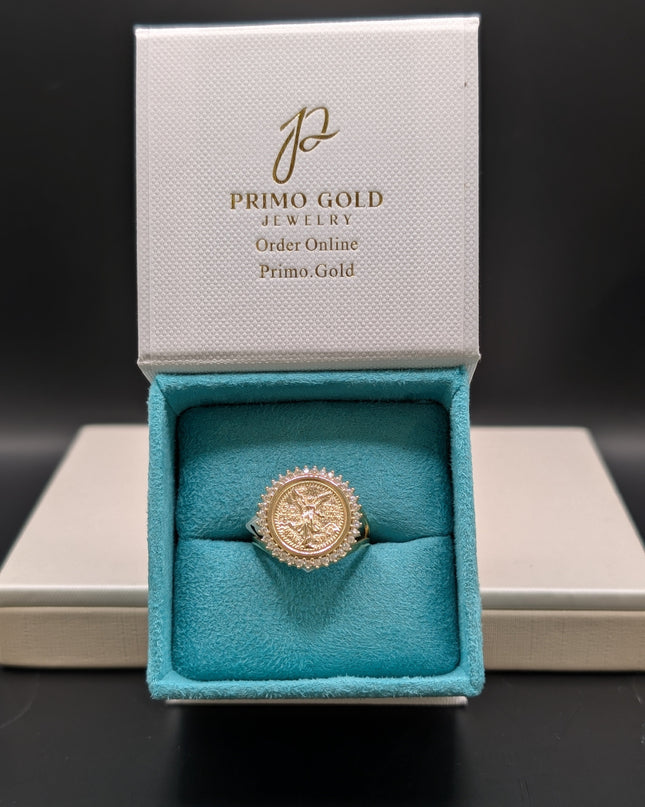 14K Gold Centenario Peso Ring With CZ Diamonds