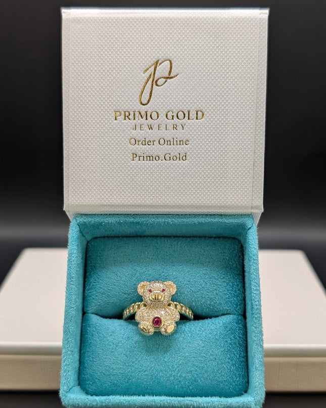 14K Gold Teddy Bear w/ CZ Ruby Stone Ring