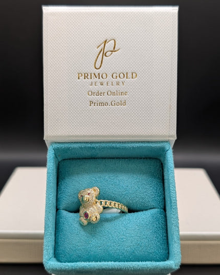14K Gold Teddy Bear w/ CZ Ruby Stone Ring