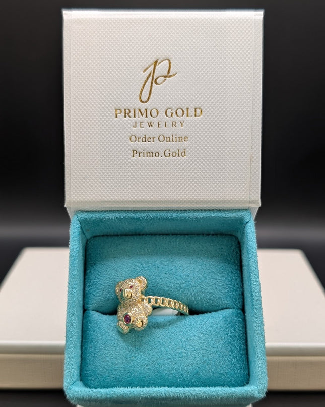 14K Gold Teddy Bear w/ CZ Ruby Stone Ring