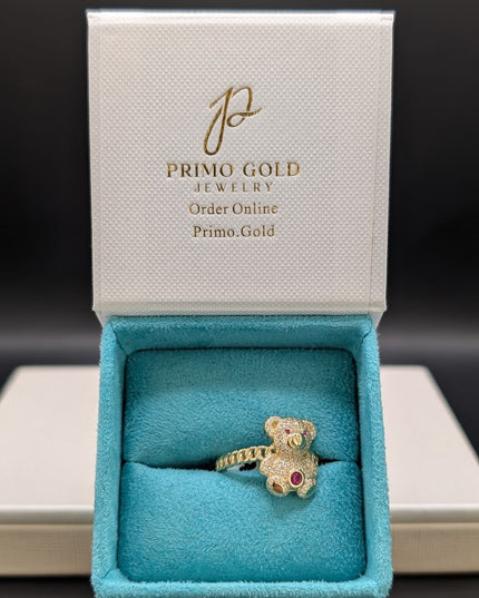 14K Gold Teddy Bear w/ CZ Ruby Stone Ring