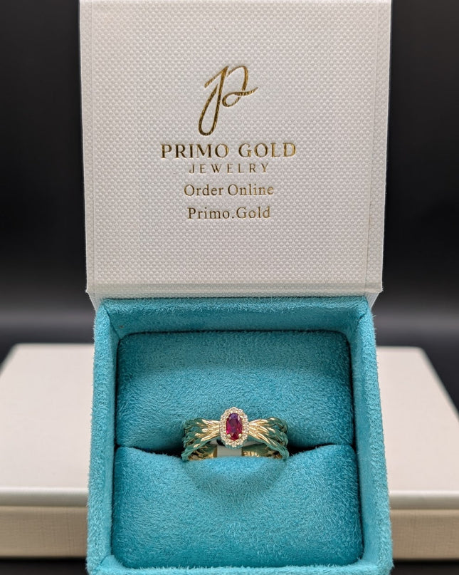 14K Gold Ruby CZ Stone Triple Layer Band Ring