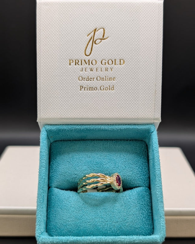 14K Gold Ruby CZ Stone Triple Layer Band Ring