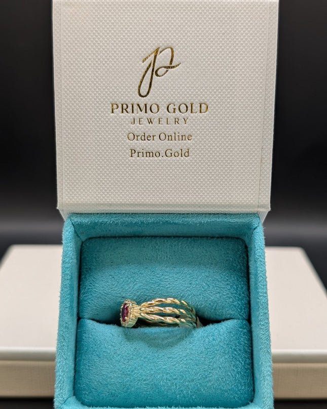 14K Gold Ruby CZ Stone Triple Layer Band Ring