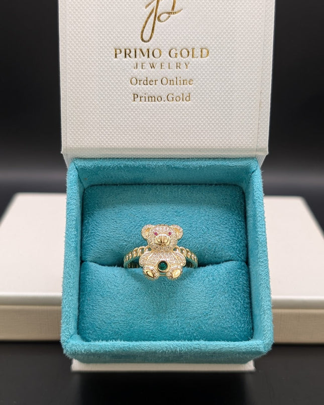 14K Gold Teddy Bear w/ CZ Emerald Stone Ring
