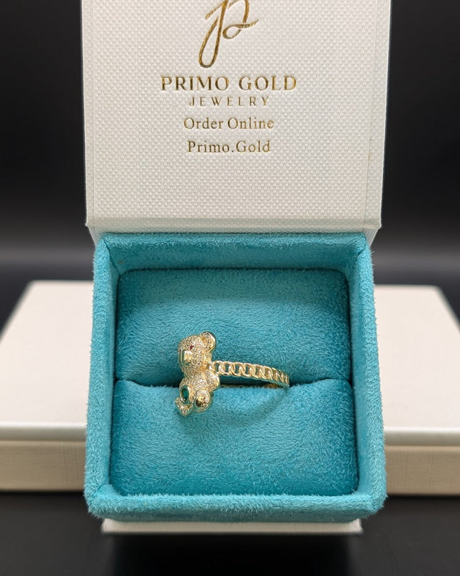 14K Gold Teddy Bear w/ CZ Emerald Stone Ring