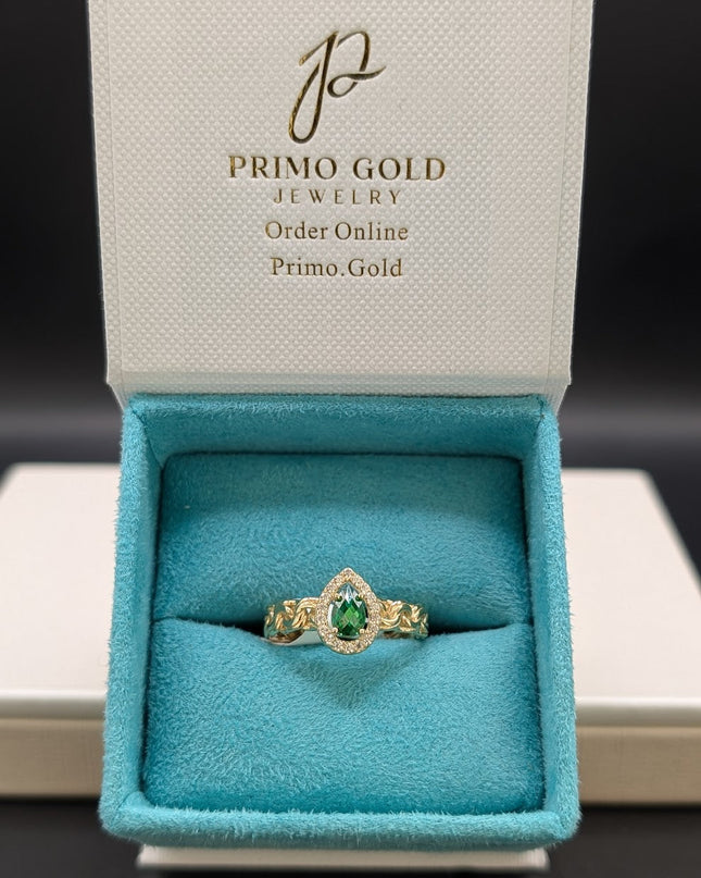 14K Gold CZ Emerald Pear Cut Ring w/ Braided Band