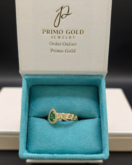 14K Gold CZ Emerald Pear Cut Ring w/ Braided Band