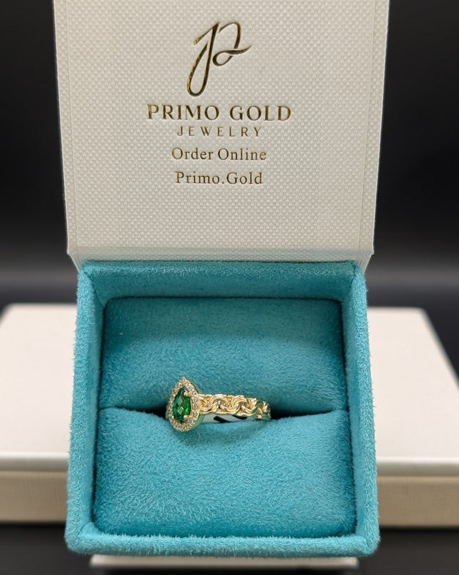 14K Gold CZ Emerald Pear Cut Ring w/ Braided Band