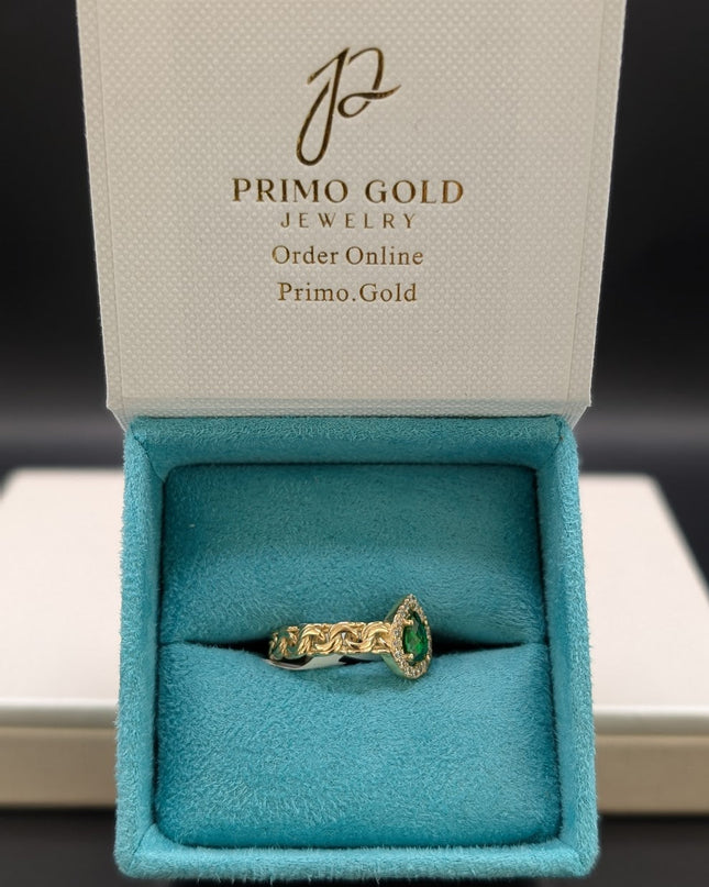 14K Gold CZ Emerald Pear Cut Ring w/ Braided Band