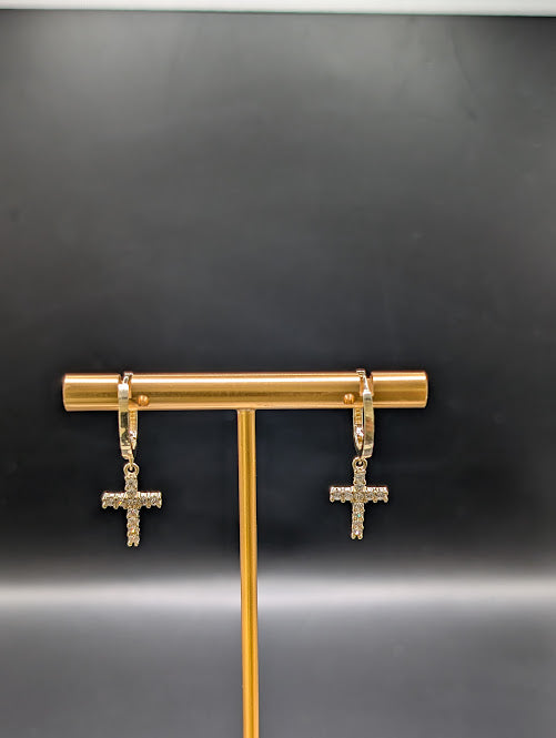 14K Gold Hoop Earrings with CZ Cross