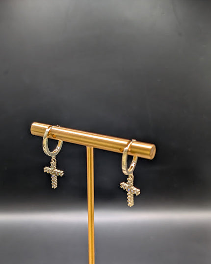 14K Gold Hoop Earrings with CZ Cross