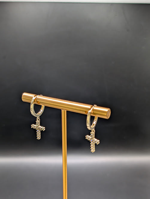 14K Gold Hoop Earrings with CZ Cross