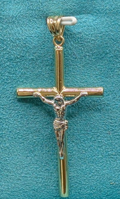 14K Gold Religious Classic Skinny 2 Tone Crucifix Pendent