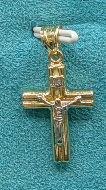 14K Gold Religious 2-Tone Small Crucifix Pendent with INRI Details