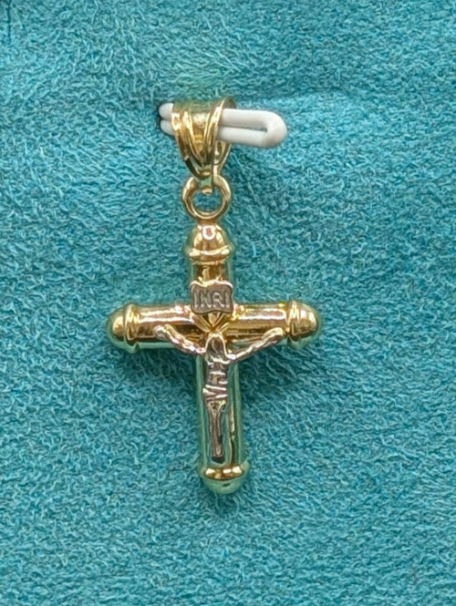 14K Gold Religious 2-Tone Small Crucifix Pendent with INRI Details