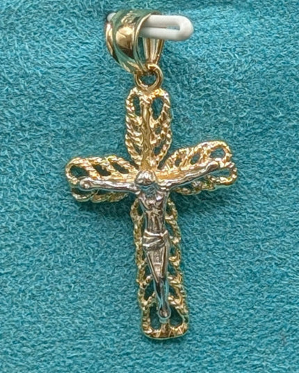 14K Gold Religious 2-Tone Crucifix Pendent with Concave Details