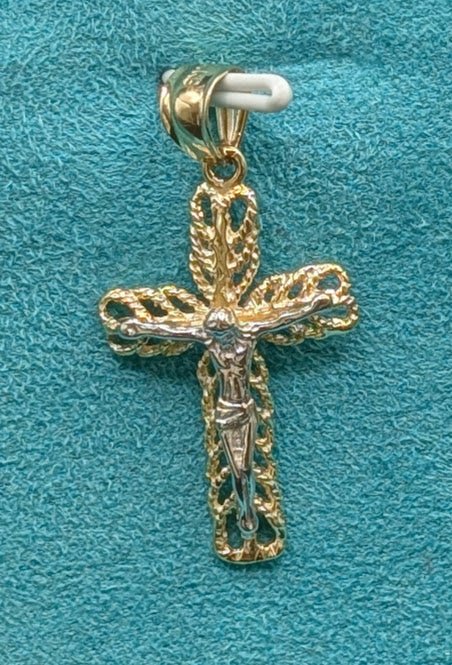 14K Gold Religious 2-Tone Crucifix Pendent with Concave Details