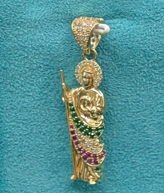 14K Gold Saint Judas w/ CZ Stones Pendant