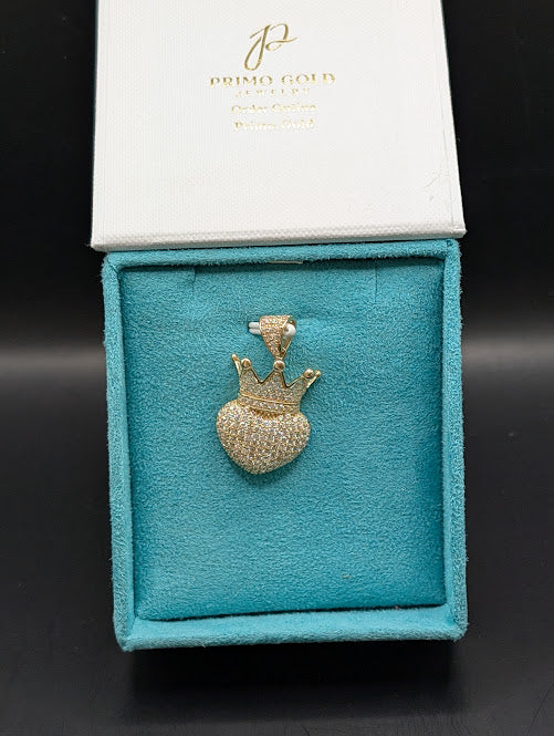 14K Gold Iced Out Heart Crown Pendant