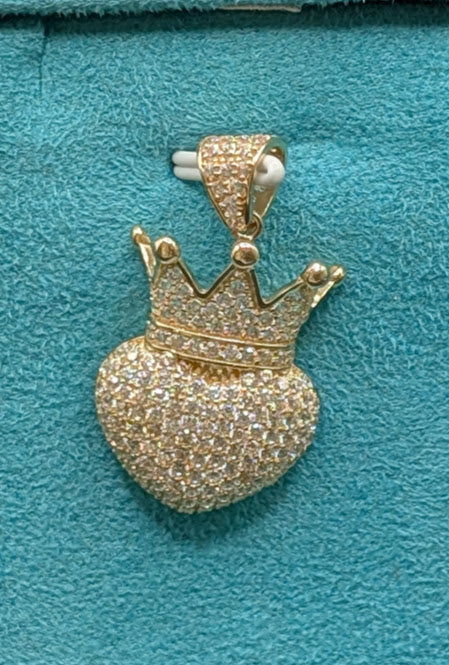 14K Gold Iced Out Heart Crown Pendant