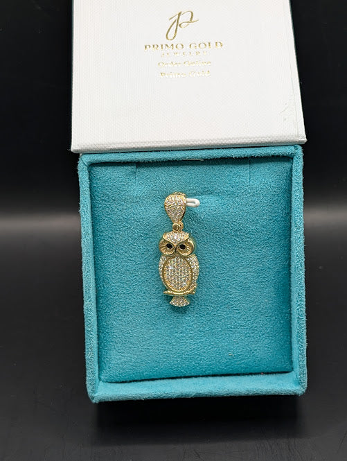 14K Gold Iced Out Owl Pendant