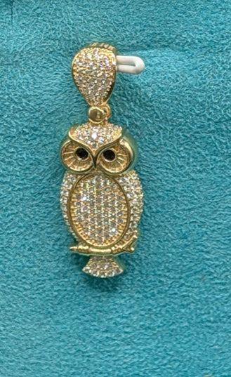 14K Gold Iced Out Owl Pendant