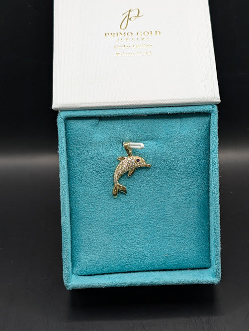 14K Gold Iced Out Dolphin Pendant