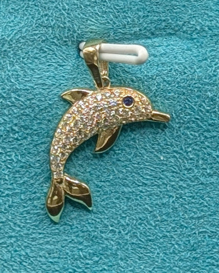 14K Gold Iced Out Dolphin Pendant