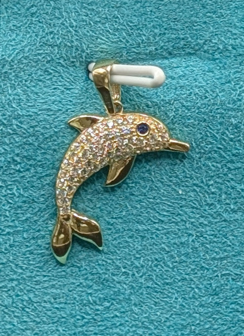 14K Gold Iced Out Dolphin Pendant