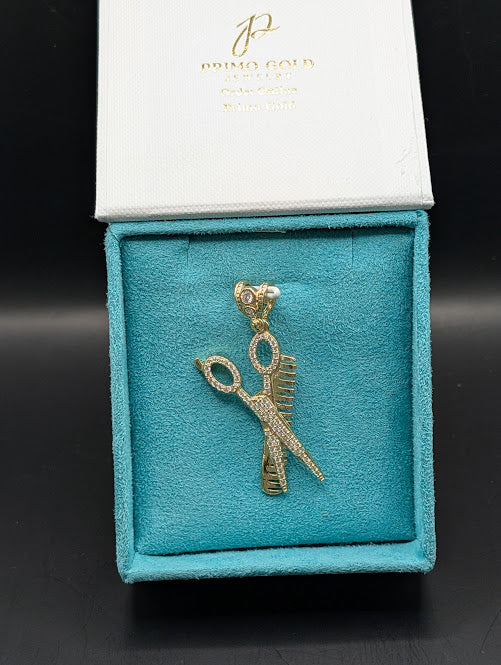 14K Gold Iced Out Barber Scissors Pendant