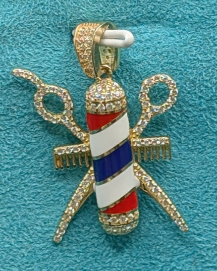 14K Gold Iced Out Barber Overlap Pendant