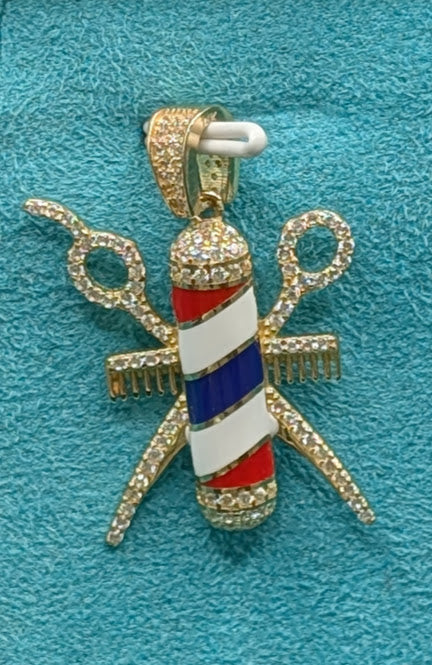 14K Gold Iced Out Barber Overlap Pendant