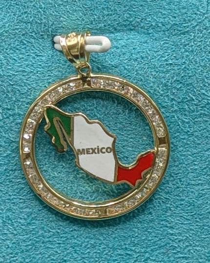 14K Gold Mexico Country w/ CZ Ring Pendant