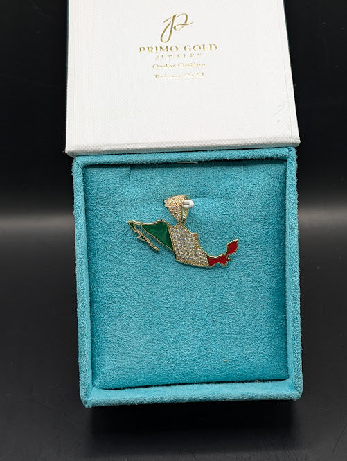 14K Gold Iced Out Mexico Country Shaped Pendant