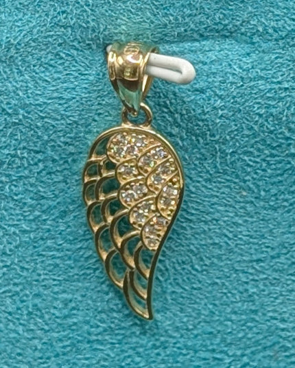 14K Gold Half Angel Wing w/ CZ Stones Pendant