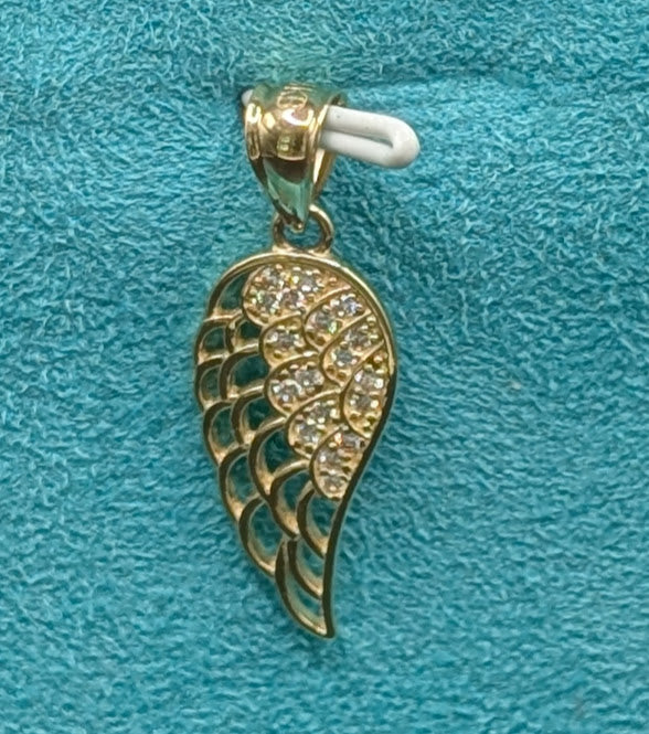 14K Gold Half Angel Wing w/ CZ Stones Pendant