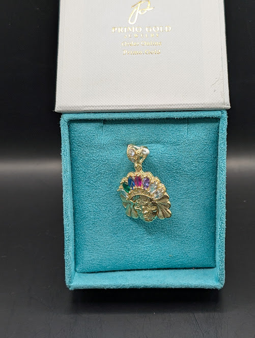 14K Gold Indian Head w/ Rainbow CZ Pendant