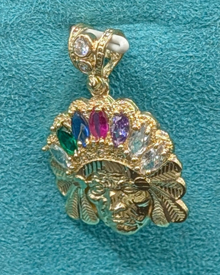 14K Gold Indian Head w/ Rainbow CZ Pendant
