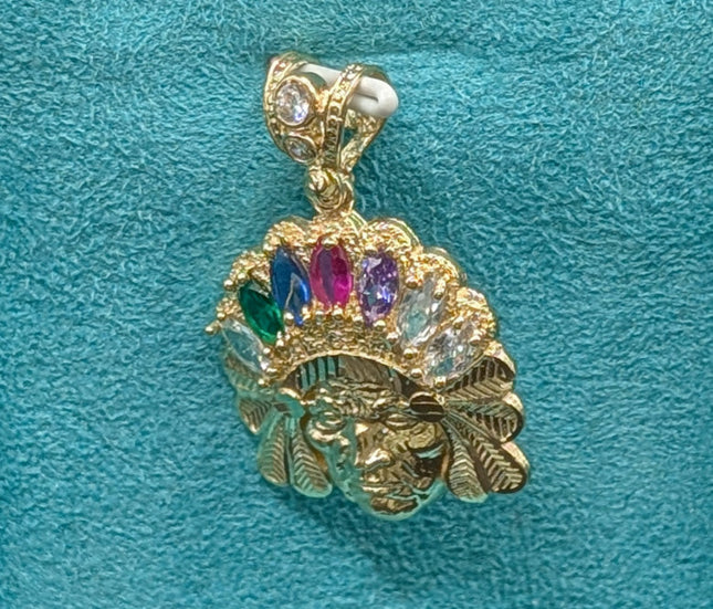 14K Gold Indian Head w/ Rainbow CZ Pendant