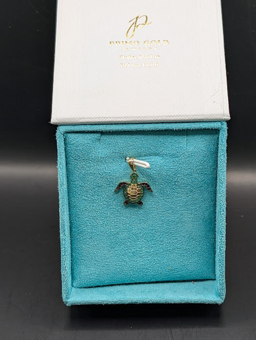 14K Gold Iced Out Green Turtle Mini Pendant