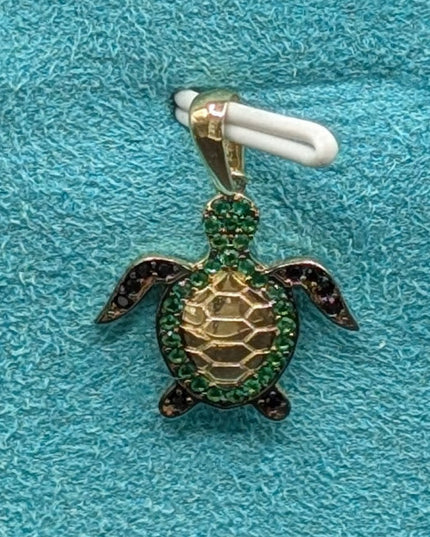 14K Gold Iced Out Green Turtle Mini Pendant