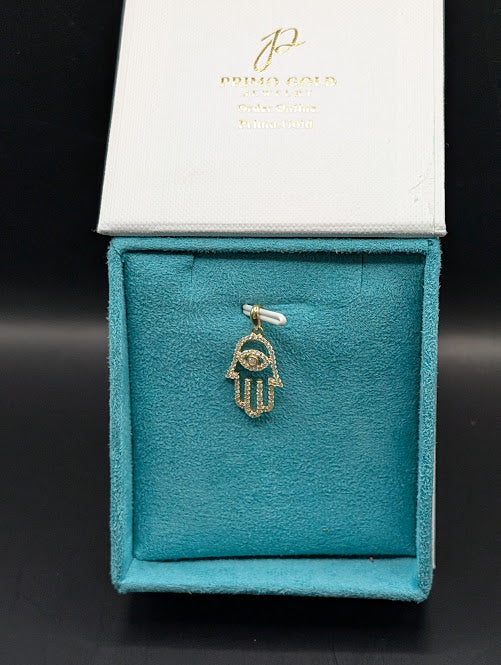 14K Gold Iced Out Hamza Hand Hollow Pendant